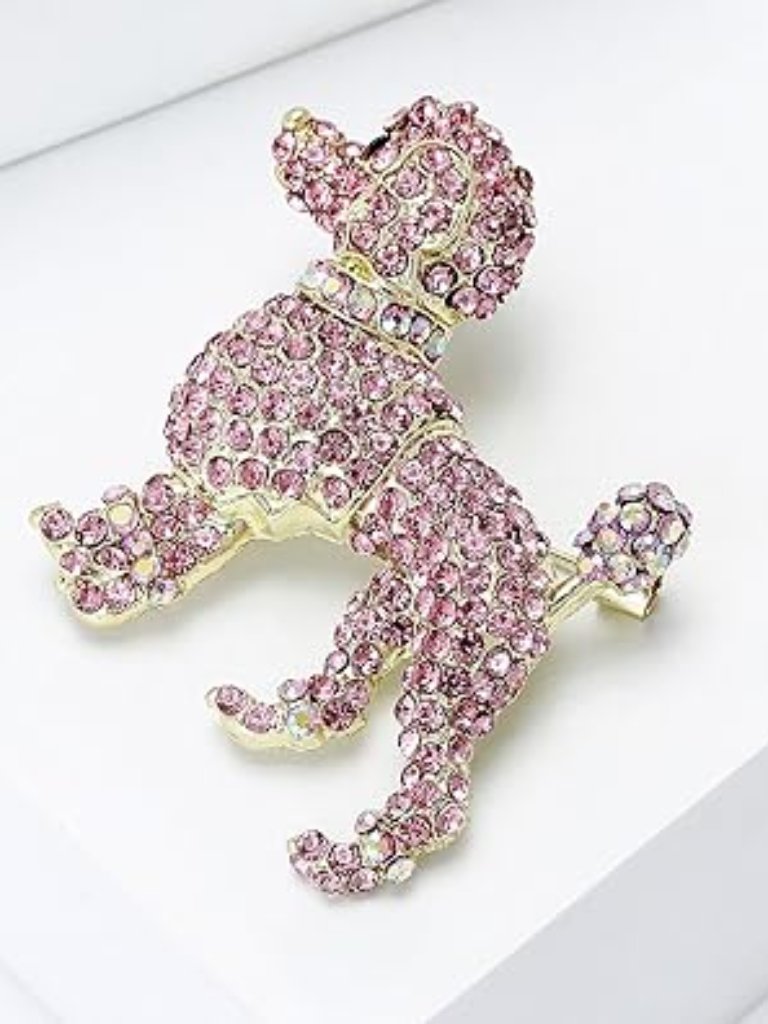Cute Poodle Dog Brooch Pin Pink Rhinestones